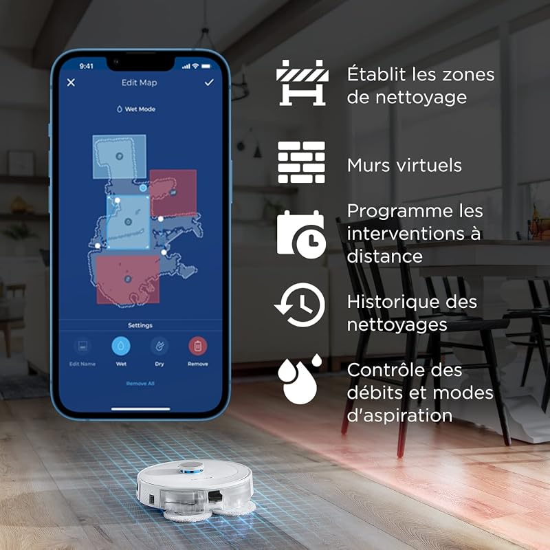 SpinWave R5 - Aspirateur Robot avec Serpilliére - Navigation avec LIDAR - Détection de Tapis et Moquettes - Aspiration Puissante - Aspirateur sans Fil - 61 DB - Blanche - 3475N