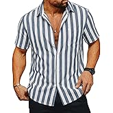 Runcati Mens Striped Button Down Shirts Casual Short Sleeve Linen Shirt Summer Beach Vacation Tops