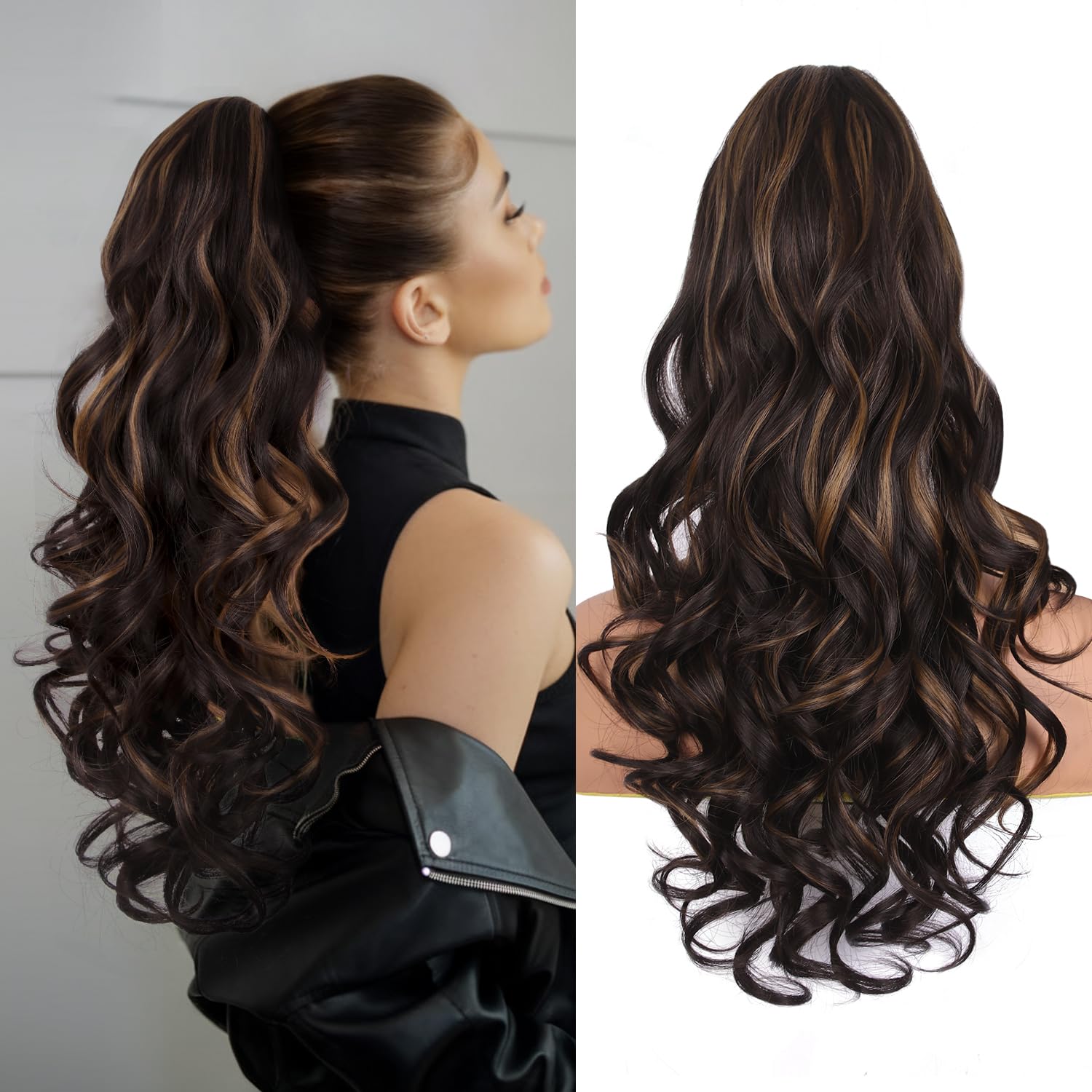 Photo 1 of 24 Inch Ponytail Extension, Layered Ponytail Extensions for Women, Soft Wavy Claw Clip in Ponytail Extension, Natural Synthetic Hair Pieces for Women (Color: Dark Brown with Honey Blonde Highlights)