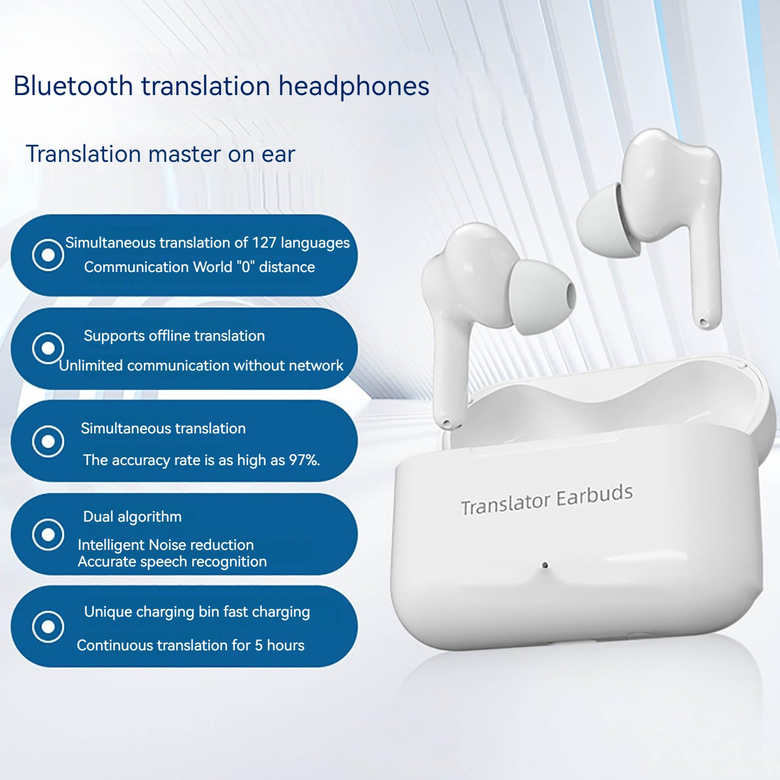 Language Translator Earbuds - Two-Way Translator Device - Offline Translation, Support 127 Languages Simultaneous Translation, Music and Calling 3-in-1 Wireless Translator Device (Black)