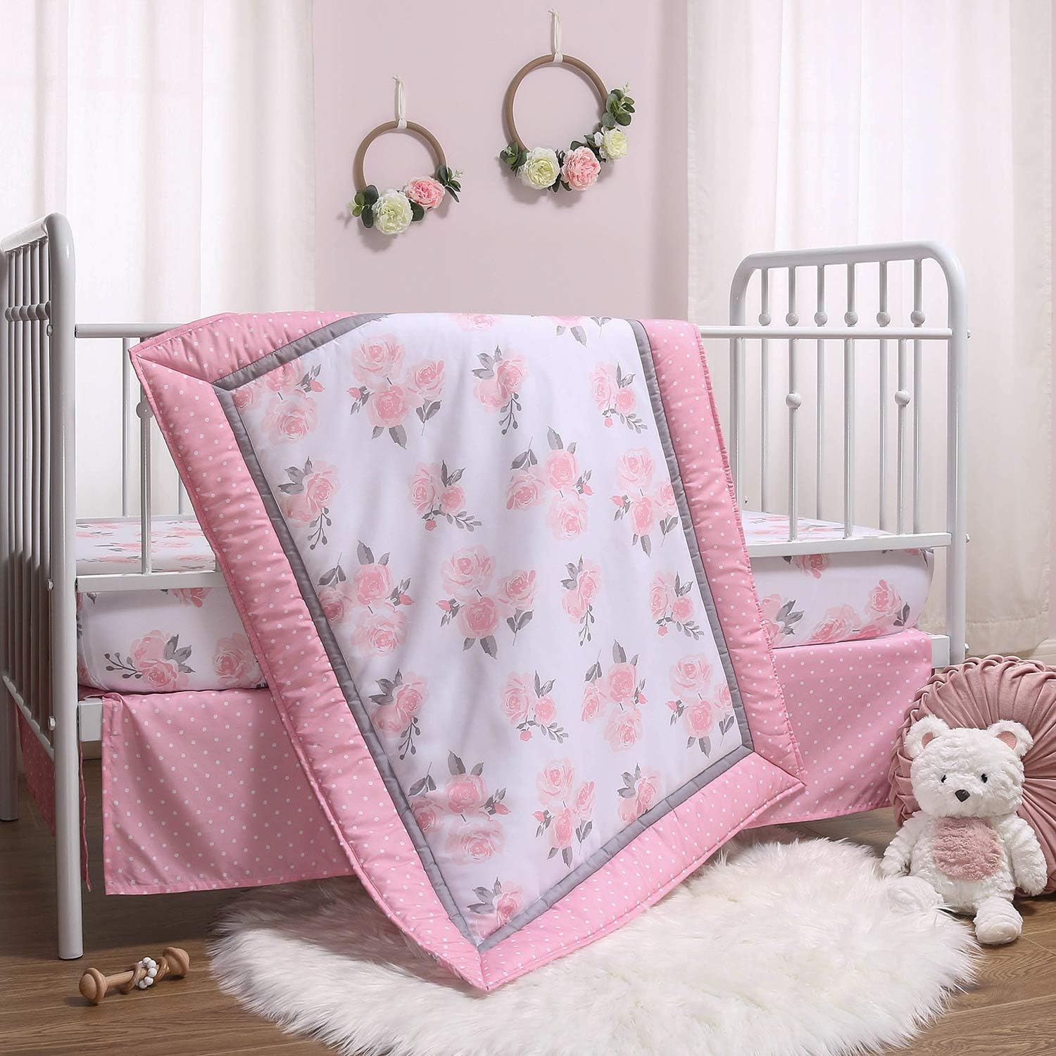 The Peanutshell Pink Floral Crib Bedding Set for Baby Girls, 3 Piece Nursery Collection: Kitchen & Dining