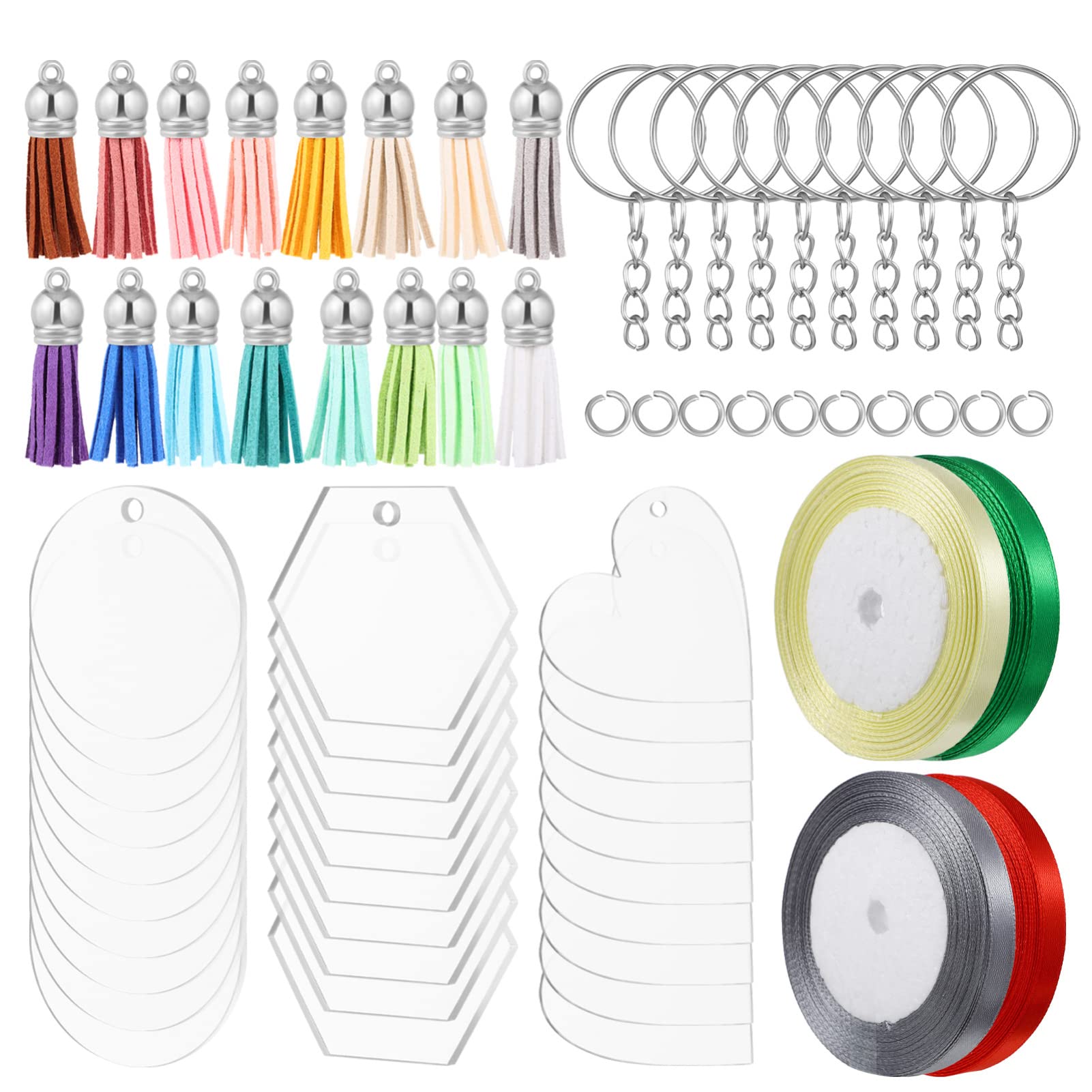 Acrylic Keychain Blanks, 36Pcs Acrylic Keychain Blanks with 36Pcs Decorative Tassels and Jump Rings, 4 Rolls Ribbons, Circle Discs for DIY Keychain Crafts