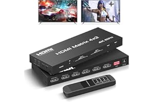 FERRISA 4x2 HDMI Matrix, 4K@60Hz 4 in 2 Out HDMI Switch Splitter with IR Remote, HDMI Matrix Switch + Optical + 3.5mm Audio Output, Support HDMI2.0, HDCP2.2, Auto Downscaler, 3D, Audio Extractor