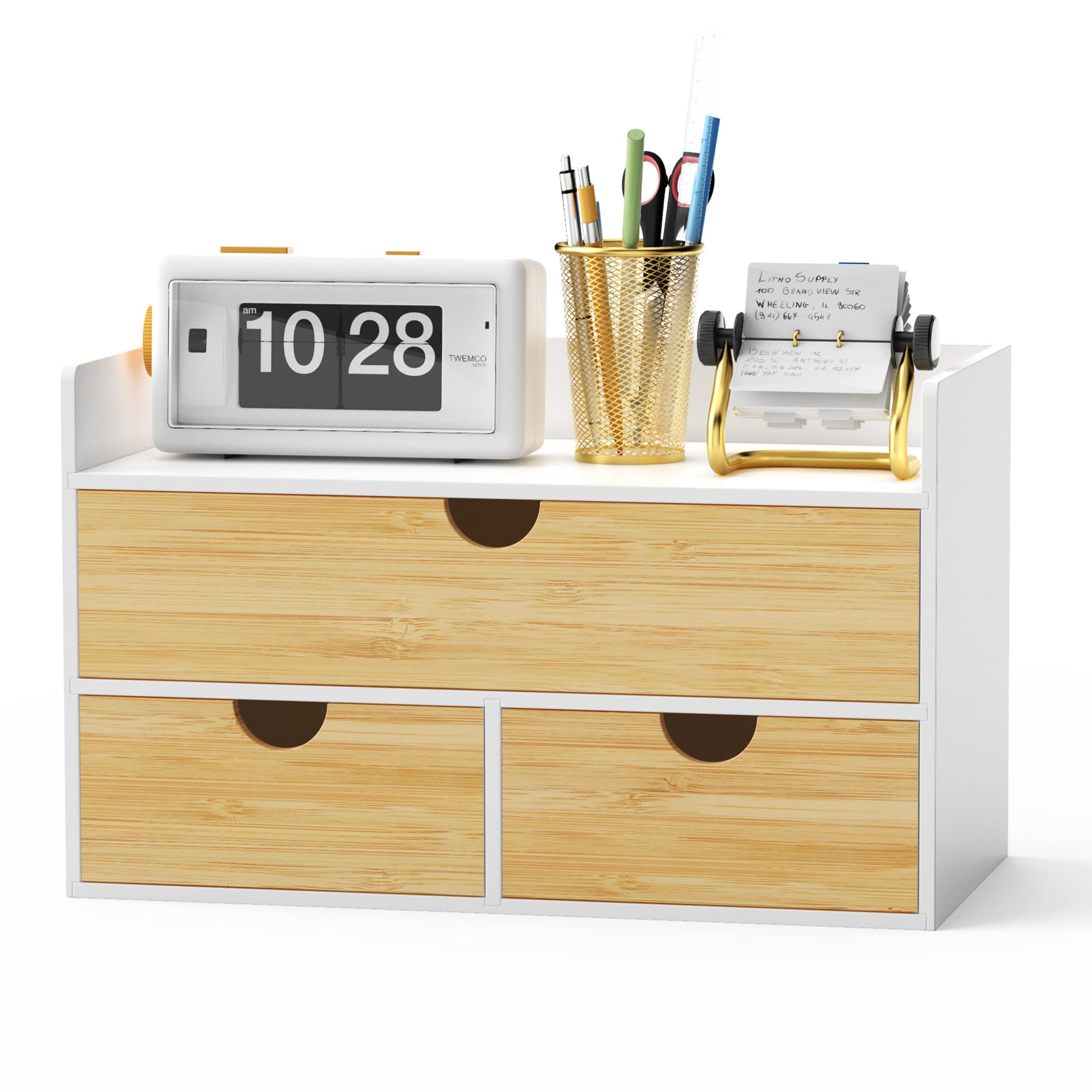 Photo 1 of Wisuce Desk Organizer with Drawers - Bamboo Desktop Organizer Storage | White-Natural Wood Desk Drawers Organizer for Bills, Office Supplies, Cosmetics, Seals No Assembly Required