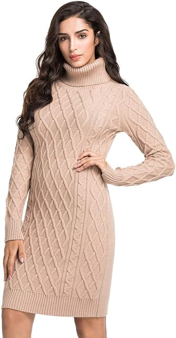 Margrine Womens Turtleneck Long Sleeve Knit Stretchable Elasticity Slim Sweater Mini Dress