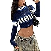 Floerns Women's Striped Cropped Cardigans Zip Up Mock Neck Fall Outfit Sweaters