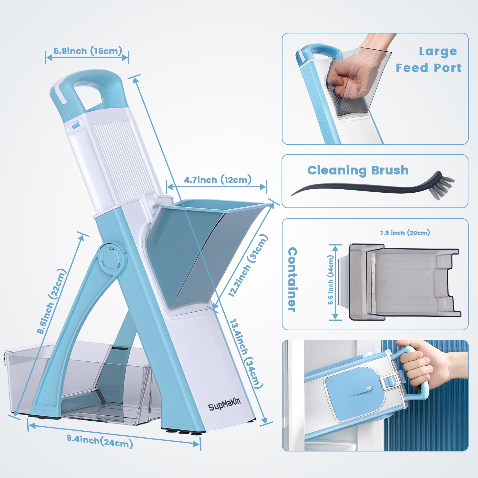 Upgrade Safe Mandoline Slicer Plus for Kitchen, SupMaKin Bigger Port Vegetable Food Potato Chopper, Adjustable Thickness, Julienne & Dicer With Vegetable Spiralizer (LightBlue)