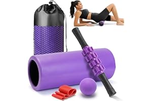 CINDALOG 5 in 1 Foam Roller Set - Trigger Point Foam Back Roller, Muscle Roller Stick, Massage Ball, Stretching Band for Deep Muscle Massage Pilates Yoga,Fitness Exercise for Whole Body Release (Purple)