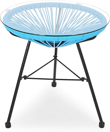 Amazon Com Christina Outdoor Modern Faux Rattan Side Table With Tempered Glass Top Blue And Black Kitchen Dining