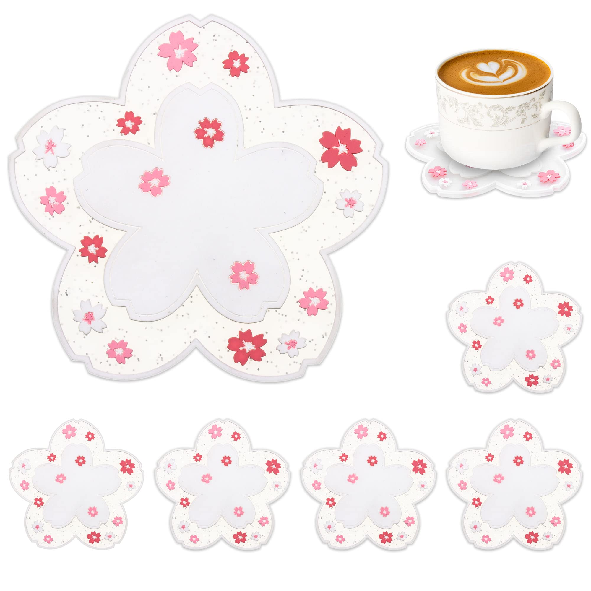 Conisy Flower Coasters for Drinks,6 Pcs Cute Non-Slip Washable Reusable Heat Resistant Silicone Coasters (Sakura,White)