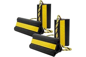 WECARLLE Wheel Chocks for RV Trailer Camper Trucks and Aircraft, Versatile Heavy Duty Rubber Wheel Chocks Block with 3 Reflective Strips, Tire Wheel Immobilizers & Chocks, [2pair/4pack with Rope]RV Accessories