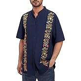 IKADEX Mexican Shirts for Men Traditional Men's Guayabera Dress Shirts Embroidered Button Down Cotton Tops Fiesta with Pocket A-Navy Blue