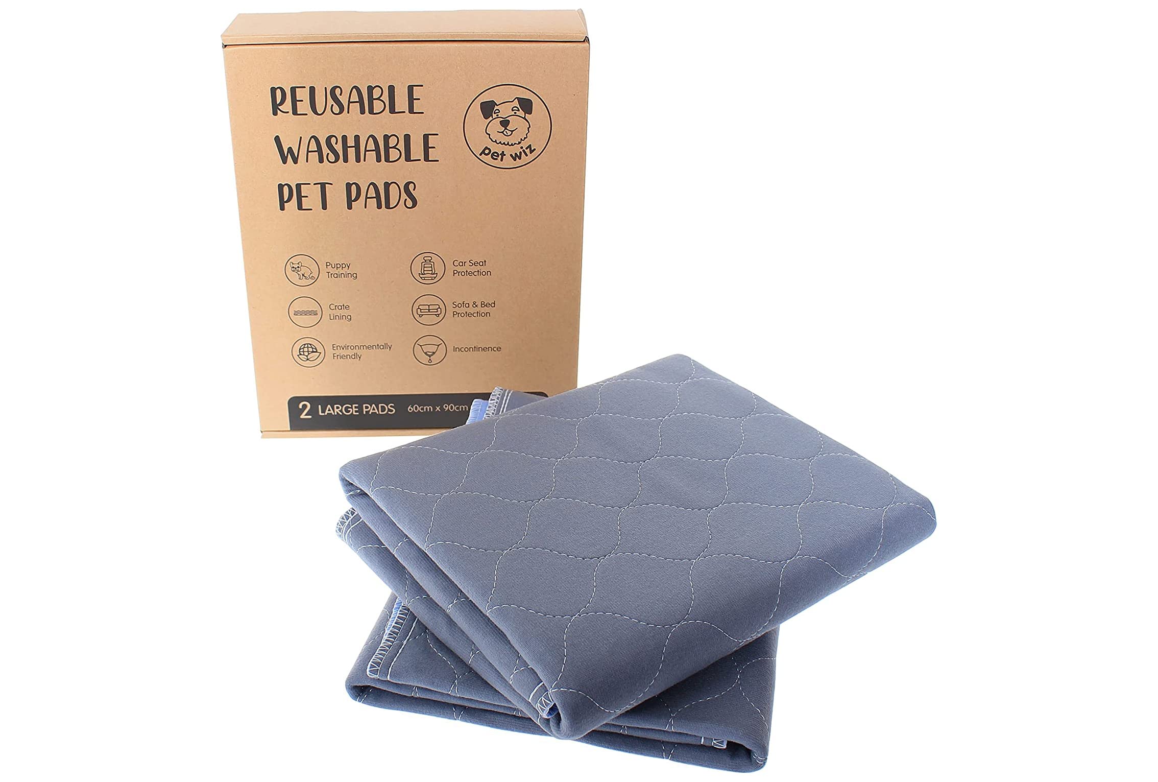 Two Pack of Reusable, Washable, Pet Pads in Grey, 4 Absorbency Layers & Slip Resistant Backing, For Training & Incontinence (Large (60 x 90cm))