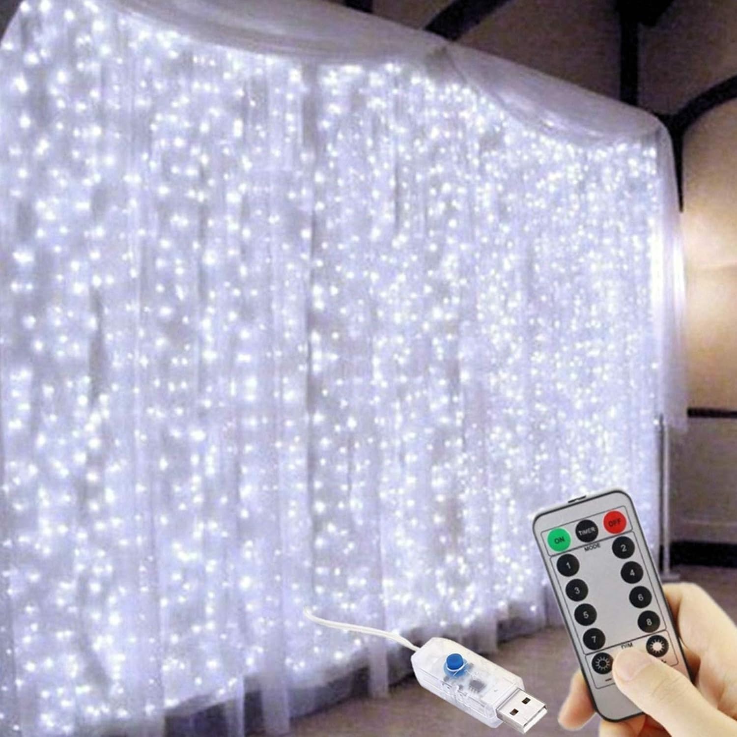 FANSIR Curtain Fairy Lights, 3m×3m 300LED Fairy Lights with 8 Modes Remote Control Timer Adjustable Brightness Waterproof Curtain Light Plug in for Bedroom Garden Party Wedding Christmas (Cool White)