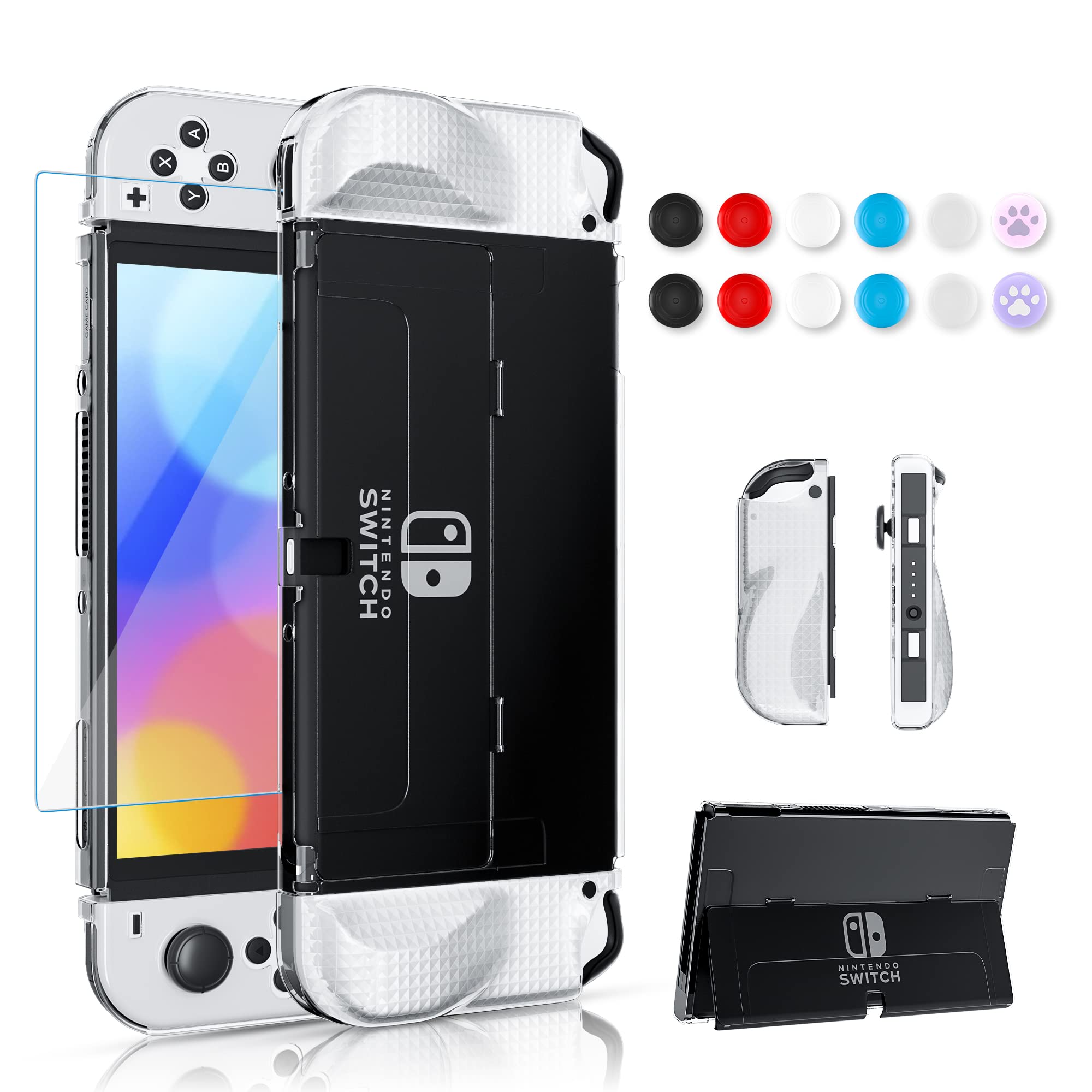 Photo 1 of Improved - FANPL Clear Case Kit for Nintendo Switch OLED, PC Cover for Switch OLED Console and TPU Case with Transparent Lattice Pattern for Joy Con, Case Set with 1 Screen Protector and 12 Thumb Caps