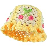 Fiewmay Crochet Bucket Hat for Women Handmade Floral Hat Portable Knitted Elastic Cute Beach Hat for Vacation Traveling