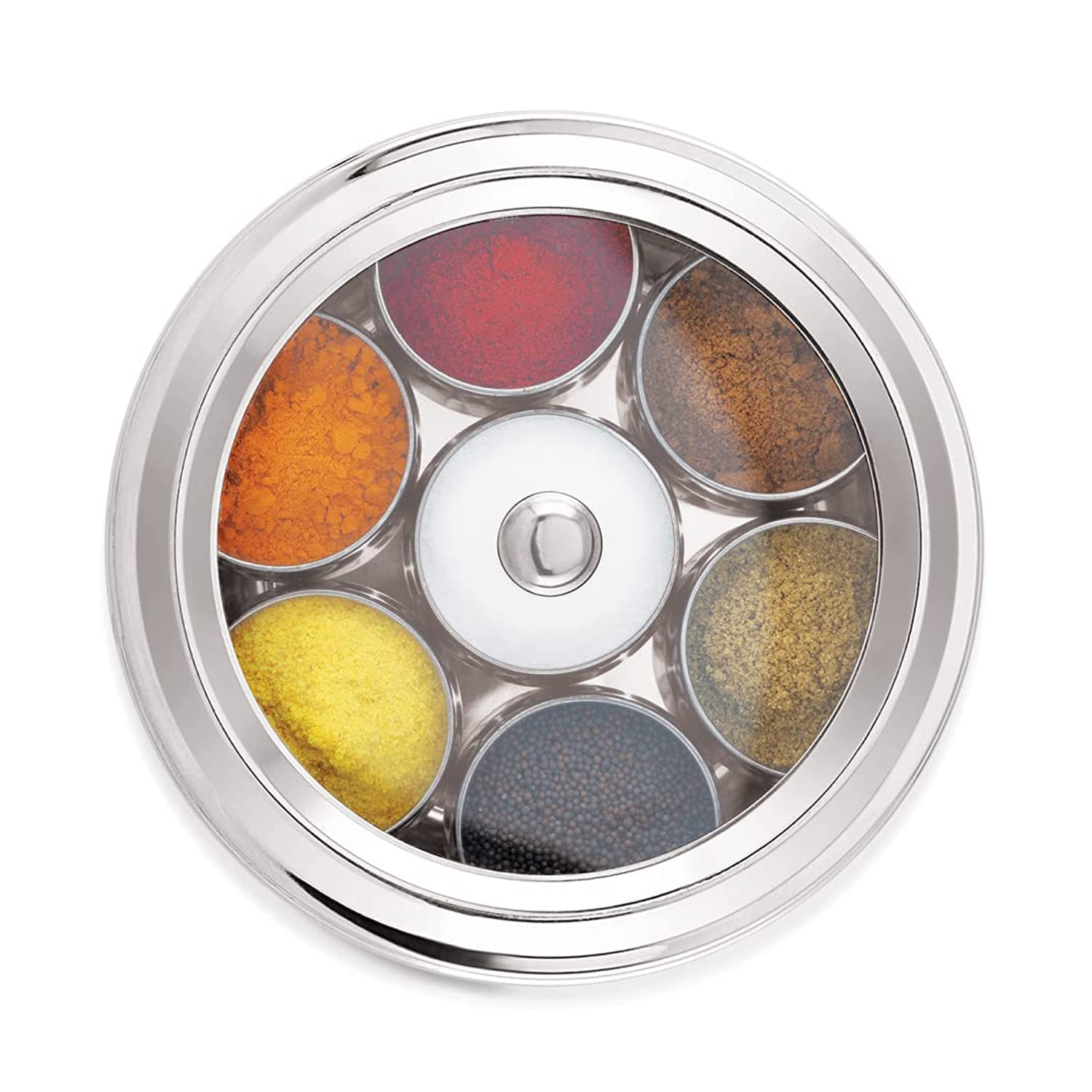Stainless Steel Spice Box, Masala Dabba, See through lid 7 with containers and a 7 Spoons, Silver Belly Shape Size 12.