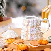 CHENGU Ceramic Christmas Tree Mug Christmas Tree Shaped Mug with Lid 10oz Xmas Coffee Cup Winter Holiday Drinkware Teacup Xmas Decor Winter Holiday Gift for Women Home Family Colleague(White)