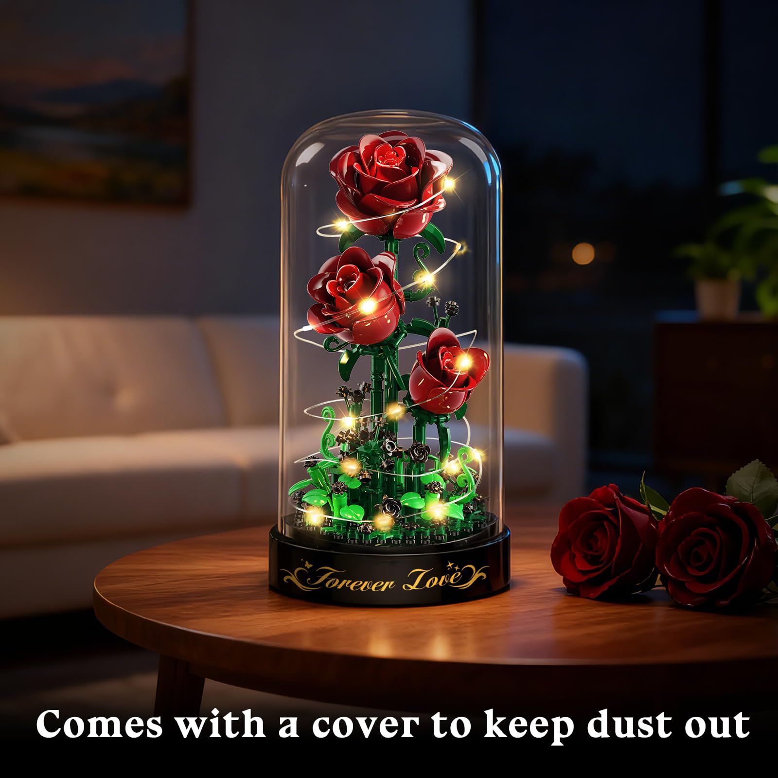 HiWEEGO Blumen Rosen Bausatz mit LED Licht, 241 Teile Burgunderrot Rosenstrauß, 3.6MM Blumenstrauß Baustein Spielzeug, Botanische Kollektion Valentinstagsgeschenk für Mädchen Erwachsene und Frauen 7