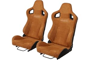 PEXMOR 2 Pcs Reclinable Universal Racing Bucket Seats w/Dual Slider, PU & Carbon Leather Adjustable Race Seats for Cars, Driver and Passenger Side, 21.5" W X 21.5" D X 38"H (Brown)