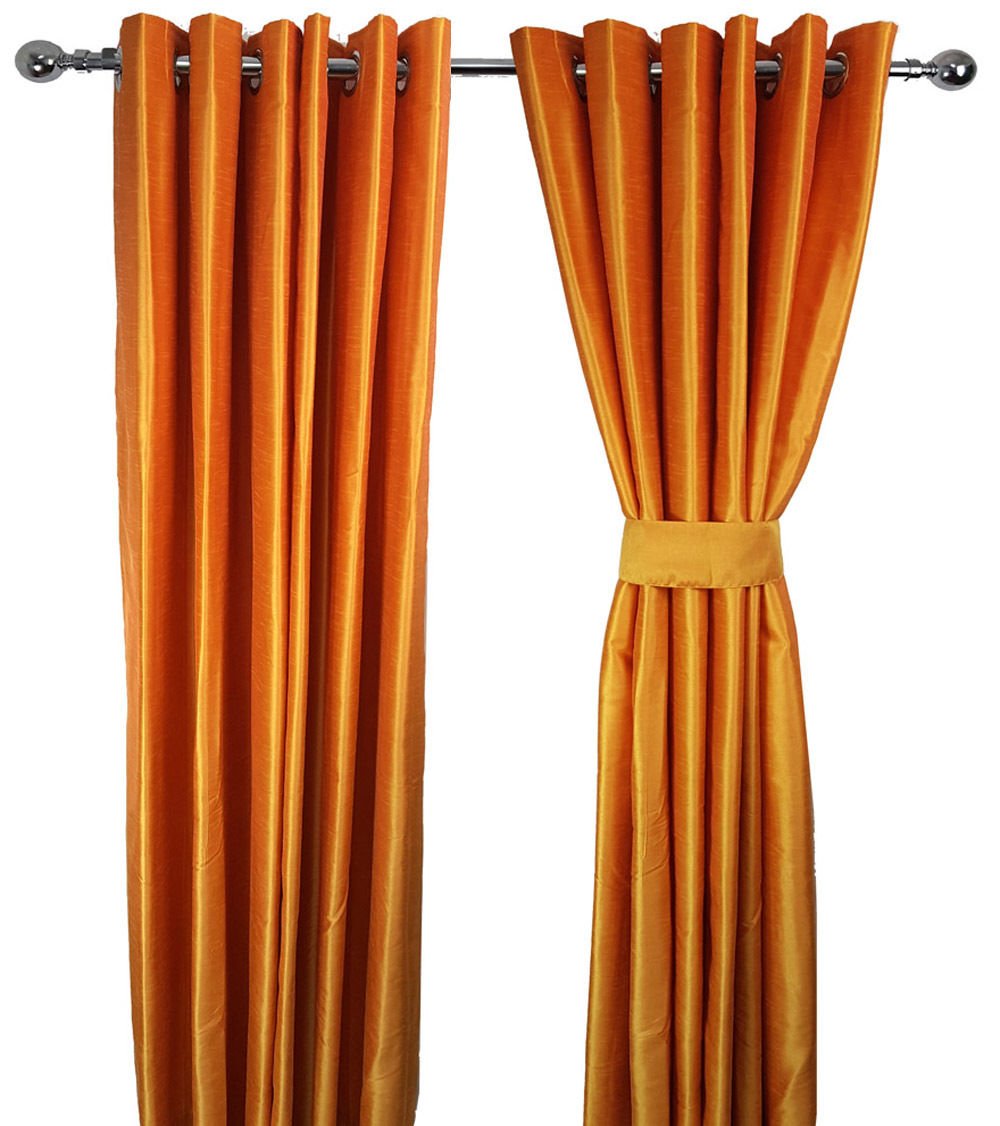 Golden Orange Luxury Pair Of Faux Silk Eyelet Ready Made Fully