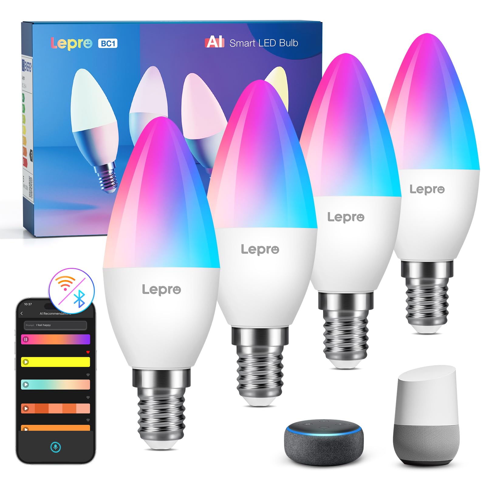 Lepro AI Smart Bulb E14, Music Sync WiFi Bulb, Voice Control Screw Blub, Color Changing Light Bulbs, Work with Alexa & Google Assistant, Personalized AI Lighting Designer, 4 Packs — image 1