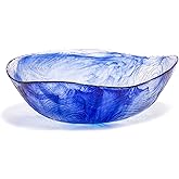Red Co. 9.5 Inch 62 Ounce Etched Wavy Glass Salad Bowl, Large Tabletop Centerpiece, Blue