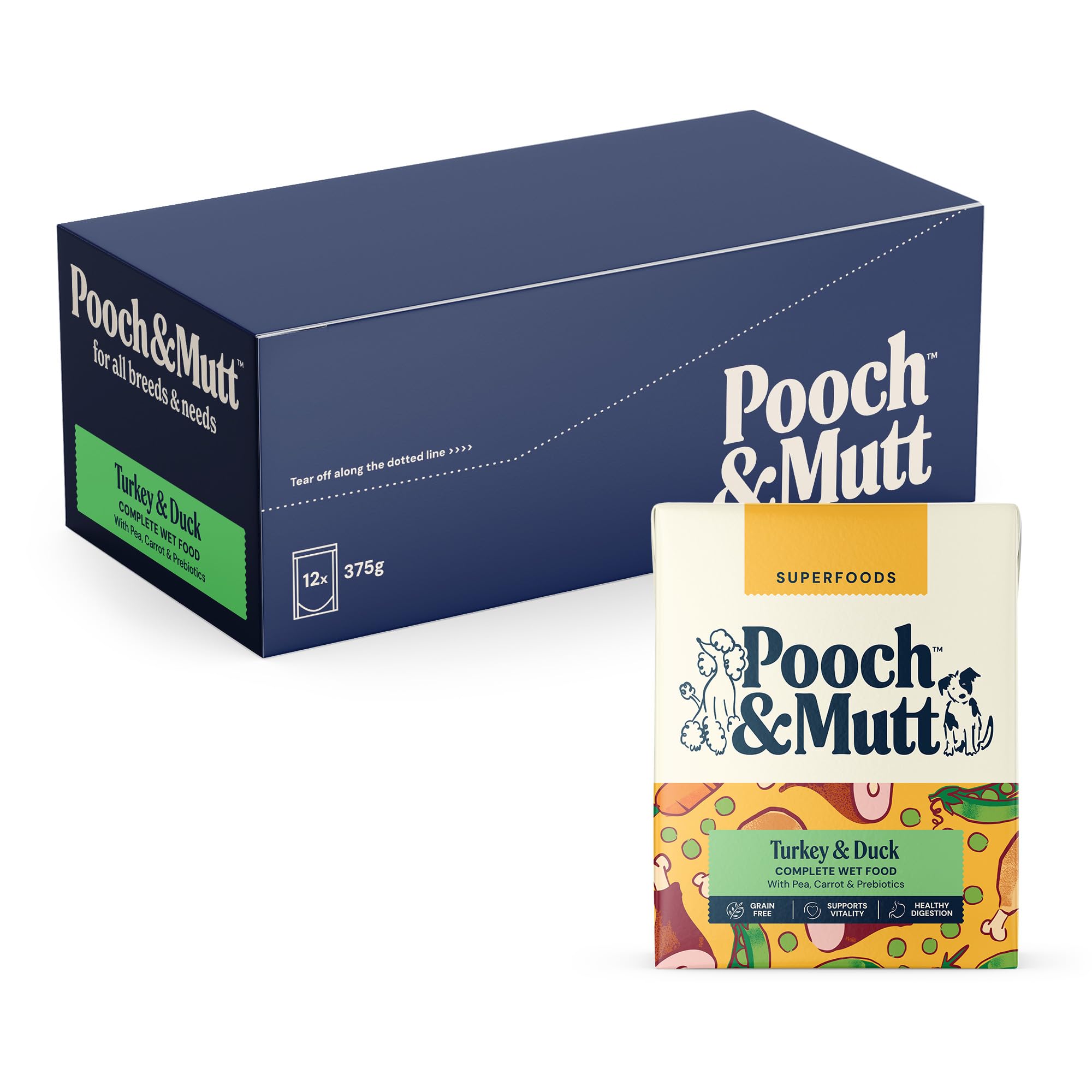 Pooch & Mutt - Turkey & Duck, Complete Wet Dog Food Grain Free, Dry Dog Food Topper, 12x375g (packaging may vary)