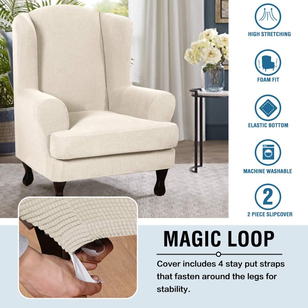 2 Piece Sofa Cover Spandex Jacquard Fabric Furniture Slipcover Stay in Place High Stretch Rich Jacquard Wing Back Armchair Slipcovers, Skid Resistance Machine Washable(Wing Chair, Natural): Kitchen & Dining