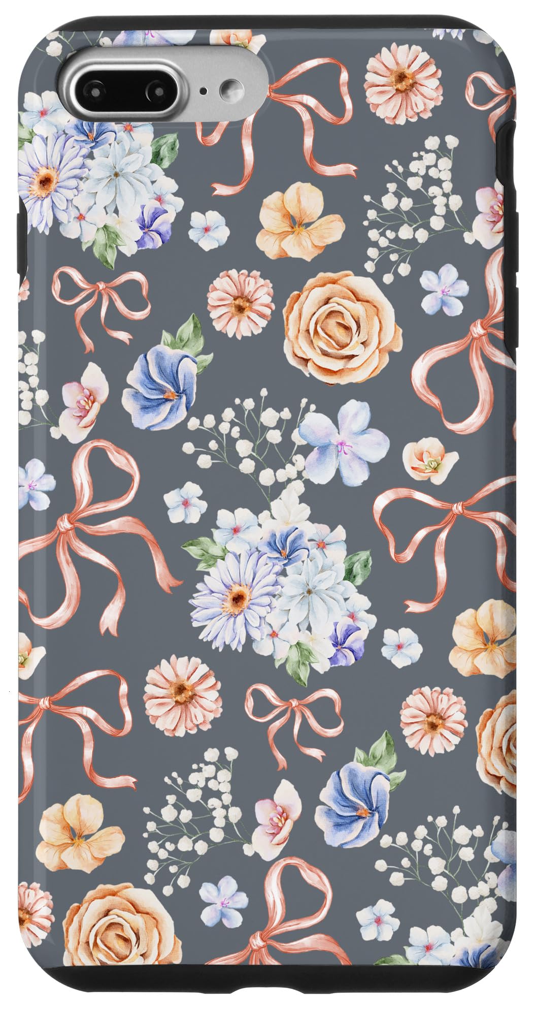 iPhone 7 Plus/8 Plus Vintage Watercolor Floral and Pink Bows on Slate Gray Case