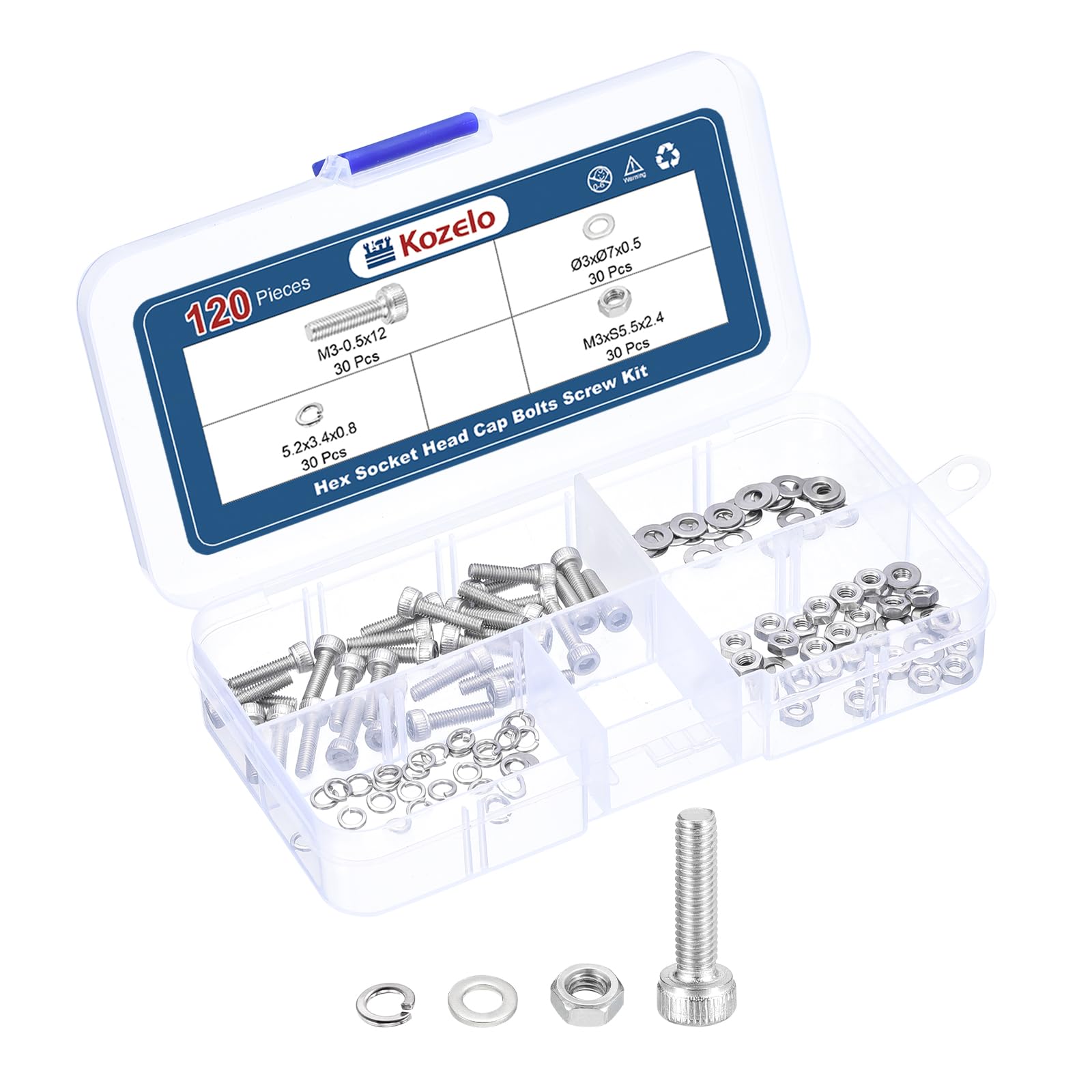 Kozelo 120pcs M3 Socket Head Cap Screws Bolts Nuts Assortment Kit - [M3x12mm] 304 Stainless Steel Allen Socket Drive for 3D Printer