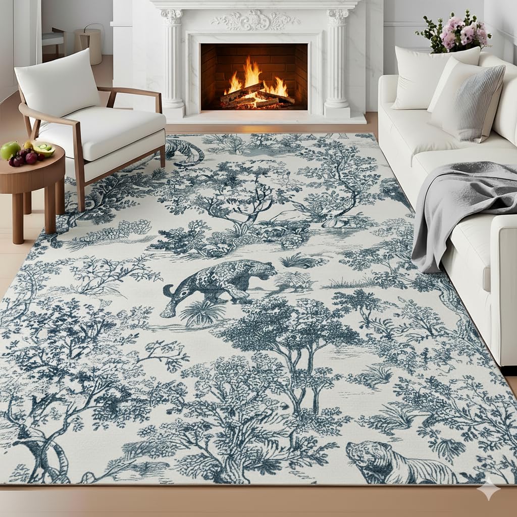 Photo 1 of Lahome Living Room Rug 8x10, Classic Blue Gray Toile Vintage Botanical Washable Area Rug for Bedroom, Soft Large Non-Slip Unique Jungle Animal Print Carpet with Tigers and Lions for Aesthetic Decor