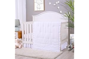 Cloele 3 Pieces Baby Crib Bedding Set- Solid Ruffle Quilted Set Includes Comforter Fitted Sheet Crib Skirt for Boys and Girls - Cute Ruffled Nursery Crib Standard Size Baby Bedding Set White