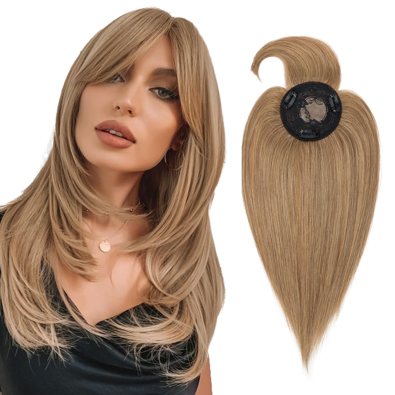 Silk-co 12inch Hair Toppers Human Hair with Bangs Hair Mono Base Top Piece for Women Clip in Real Remy Hair Extensions （#6 Light Brown）