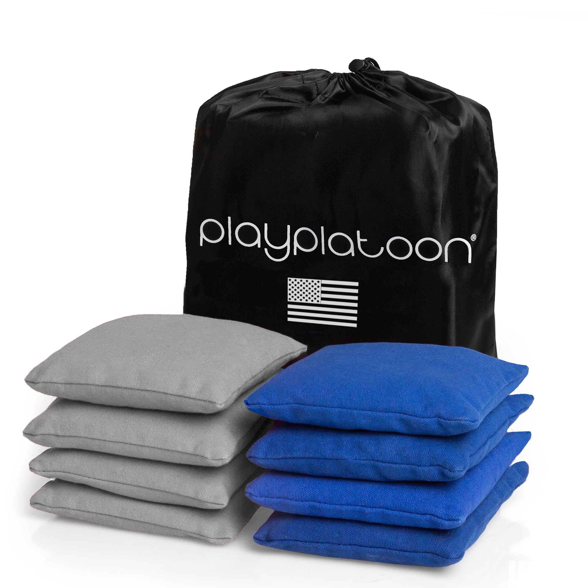Play Platoon Weather Resistant Cornhole Bags - Set of 8 Regulation Corn Hole - Blue & Gray - Durable Duck Cloth Corn Hole for Tossing Game, Includes Tote Bag
