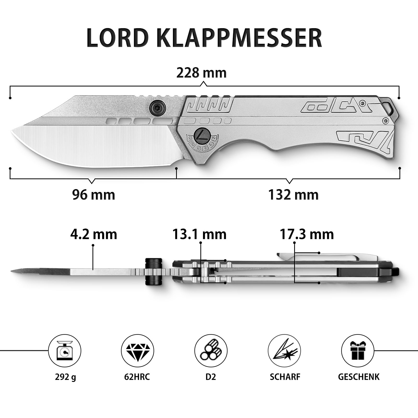 LOTHAR LORD Klappmesser, D2 Stahl Einhandmesser mit Gürtelclip, 420 Stahl Griff, Großes Outdoor Messer, Geeignet für Sammlung 6