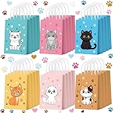Zhanmai 24 Pcs Cat Birthday Party Favors Bags Bulk for Goodie Gifts Cute Kitty Candy Treat Paper Bags with Handles for Kitten Birthday Party Decoration Supplies Pet Adoption