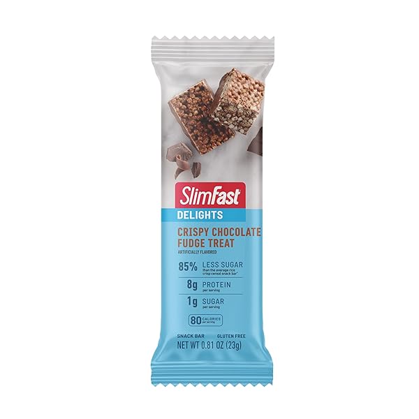 SLIMFAST DELIGHTS CRISPY CHOCOLATE FUDGE TREAT, SLIMFAST SNACK, CHOCOLATE SNACK BAR, CHOCOLATE FLAVORED CRISP BARS, CRISP BARS WITH PROTEIN, 2G OF NET CARBS, 5 COUNT