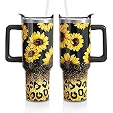 Aokoyi Sunflower Floral Gifts Cup for Women Men, 40oz Tumbler with Handle and Straw Lid, Sun Flower Print Lover Stainless Steel Water Bottle Mug (1PC)