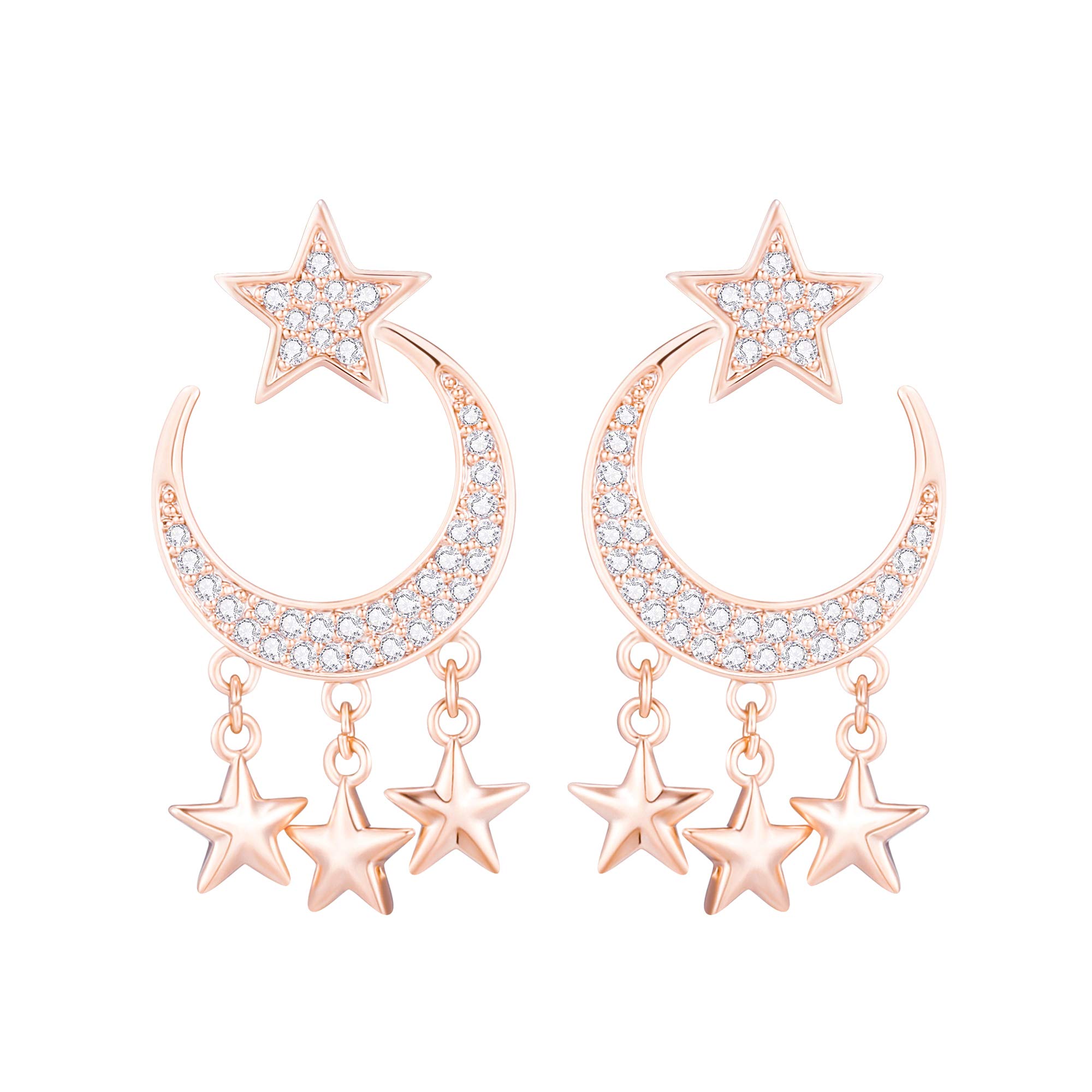 Star drop earrings for women, Moon drangle earrings for girls, hypoallergenic copper sparkling CZ zircon jewelry, suitable for birthday, wedding, Valentine’s, mother’s day