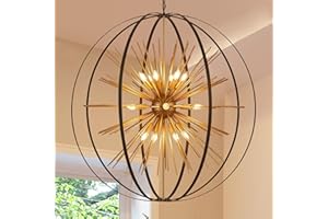 TACDANDM 43.3" Black Gold 18-Light Globe Sputnik Chandelier Modern Adjustable Hanging Ceiling Firework Pendant Light Fixture for Entryway Foyer Stairway Kitchen Dining Living Room Hallway