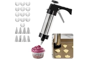 Cookie Press Gun Kit,Stainless Steel Cookie Press Includes 13 Cookie Discs and 8 Icing Nozzles Perfect for DIY Christmas Cook