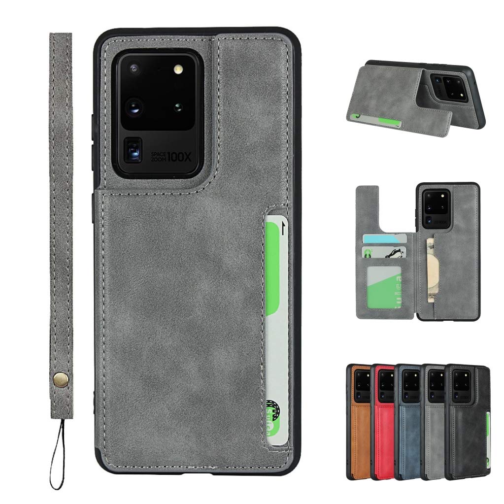 SailorTech Hand Strap Case for Samsung Galaxy S20 Ultra, Premium PU Leather Simple Durable Phone Cases Back Cover with 3 Card Slots Wrist Strap Stand Gray