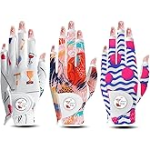 VEASAERS Golf Gloves Women Right Handed Golfer Left Hand with Ball Marker 3 Pack, Ladies Breathable Soft All Weather Grip Printed Pattern Colored Glove, Large, Blue Wave