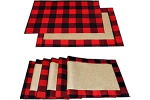 Senneny Set of 6 Christmas Placemats Buffalo Check Placemats Red Black Plaid Reversible Burlap & Cotton Placemats for Christmas Holiday Table Home Decoration