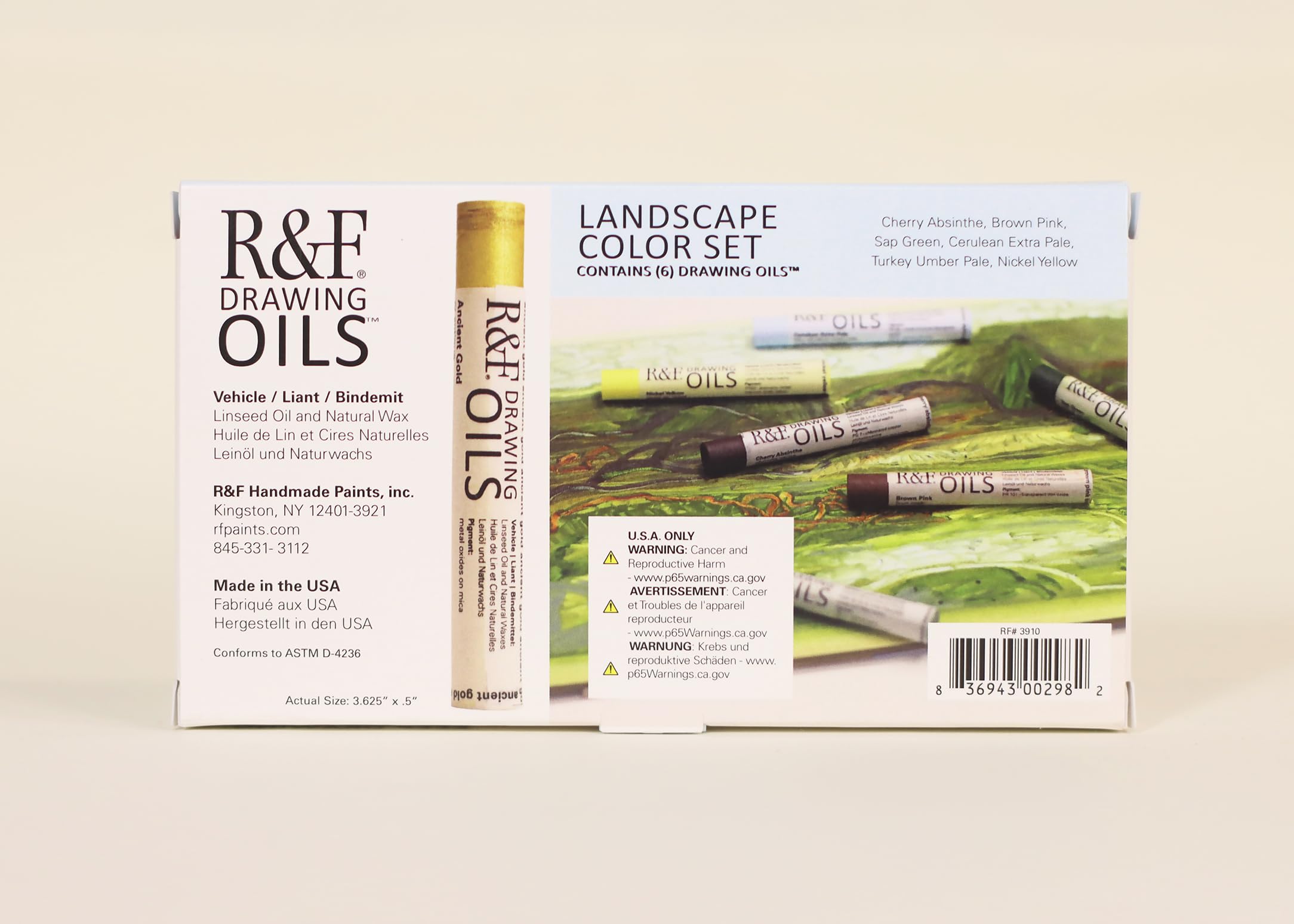 Condition photo showing As Is for r&f drawing oils, landscape color set, 6 12 ml colors