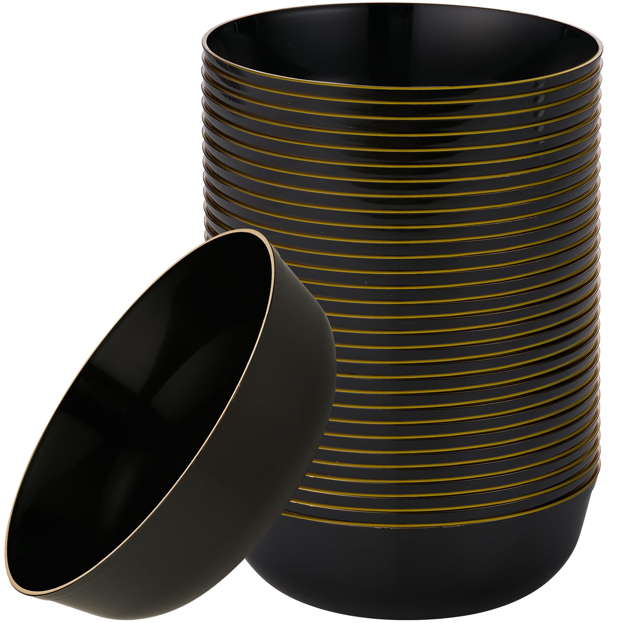 Photo 1 of [30 Pack 16 OZ Bowls] Edge Collection Black with Gold Rim Plastic Party Soup Bowls Premium heavyweight Elegant Disposable Tableware Dishes