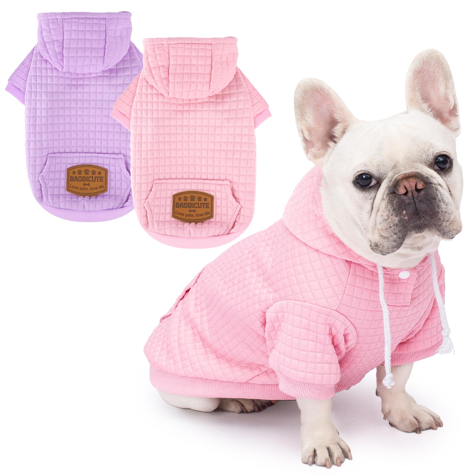 Photo 1 of 2 Pack Dog Hoodie Sweaters for Small Medium Dogs Warm Dog Clothes for Large Dogs Soft Waffle-Like Laminated Sweatshirt Bulldog (Pink+Purple, M (Back: 15.5",Chest: 21.6", Neck: 13"))