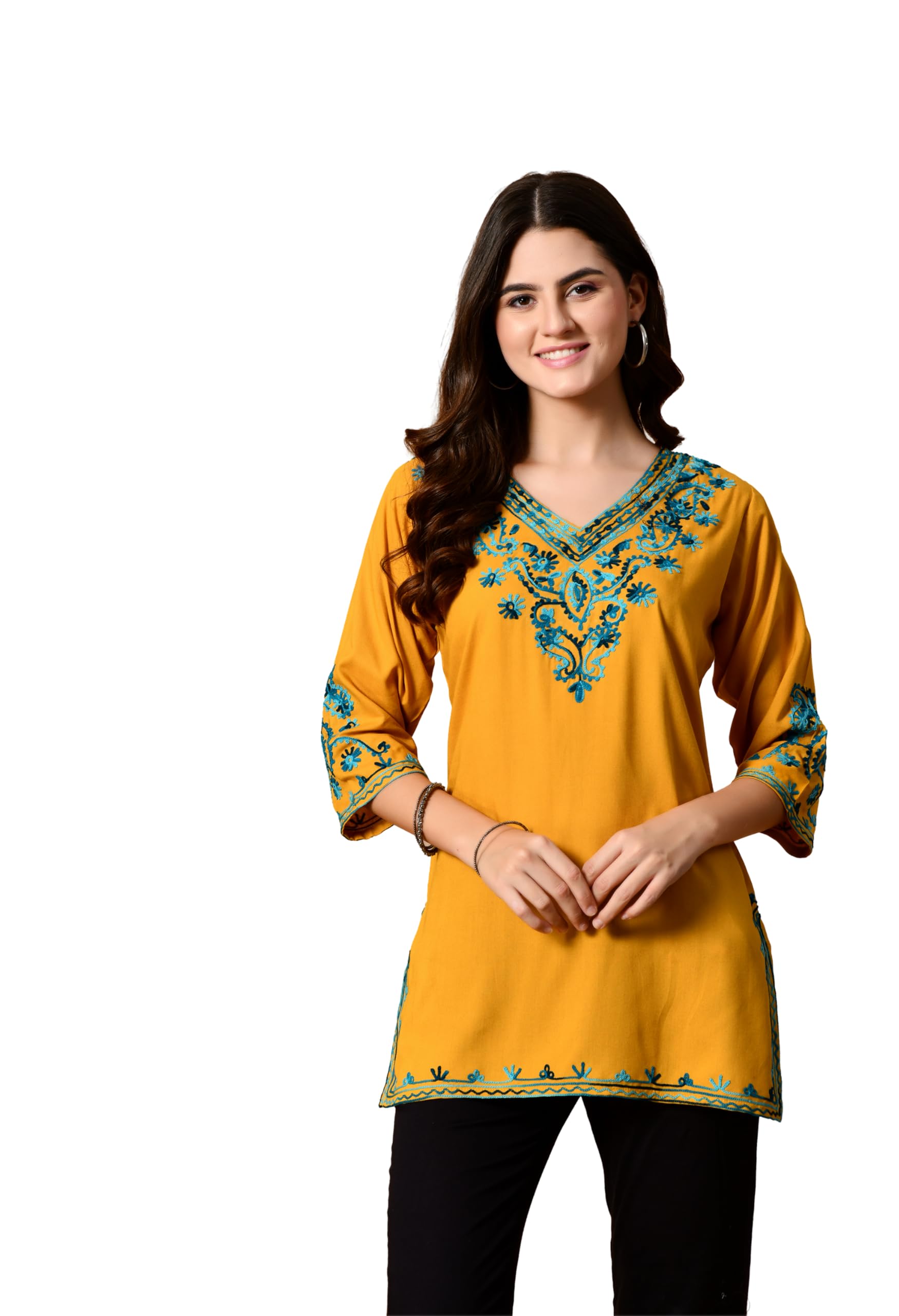Photo 1 of **MAJOR DAMAGE**
LIBOZA Women's Embroidered Kashmiri Tunic Top, Short Kurti on Jeans, V-Neck, 3/4 Sleeve, Floral Design, XL MUSTARD