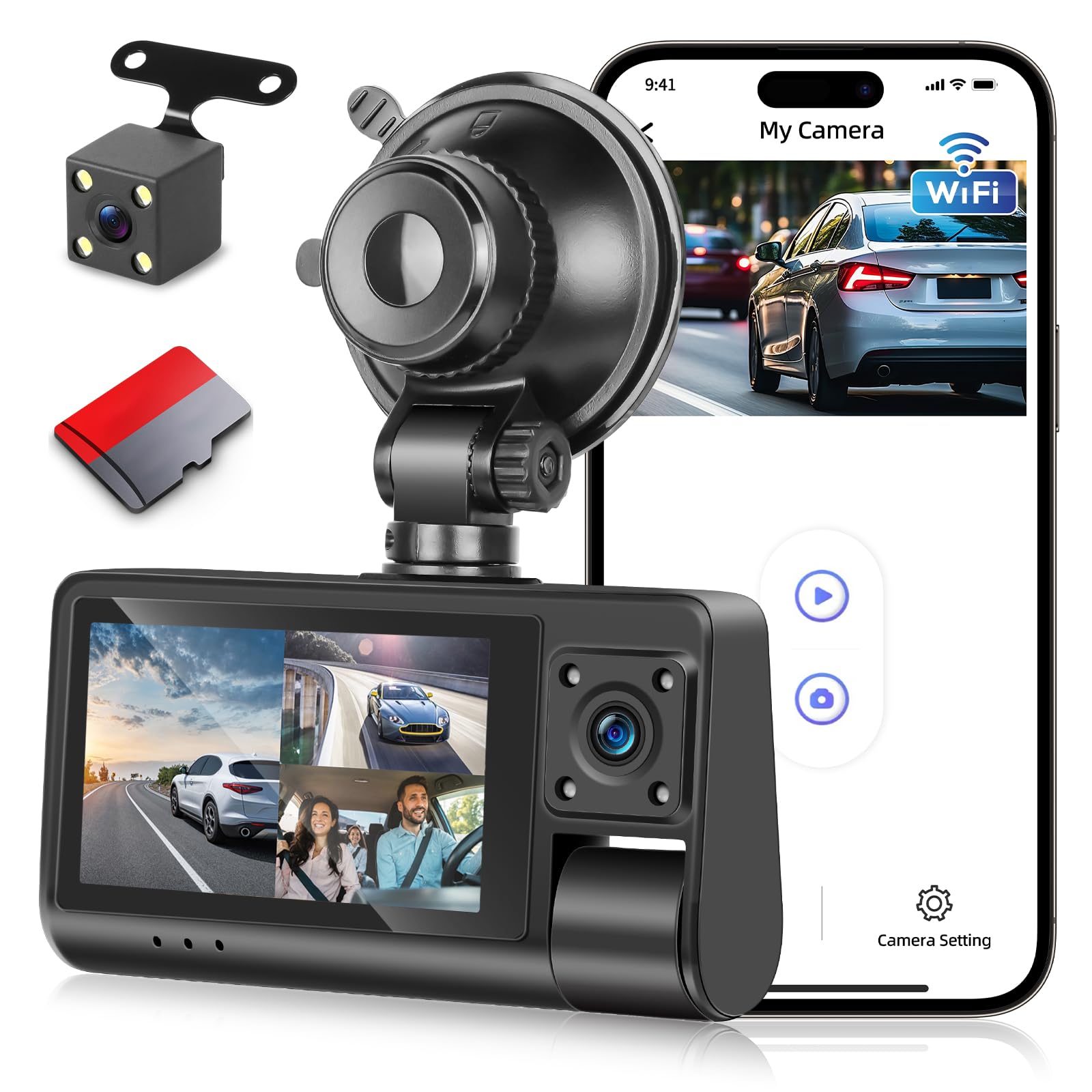 Photo 1 of NHOPEEW 3 Channel Dash Cam for Cars, Dash Cam Front and Rear Inside, Bulit-in WiFi: 3 inch IPS Screen, 1080P Triple Dash Camera with 64GB Card, G-Sensor, Loop Record, Night Vision + Rearview Camera